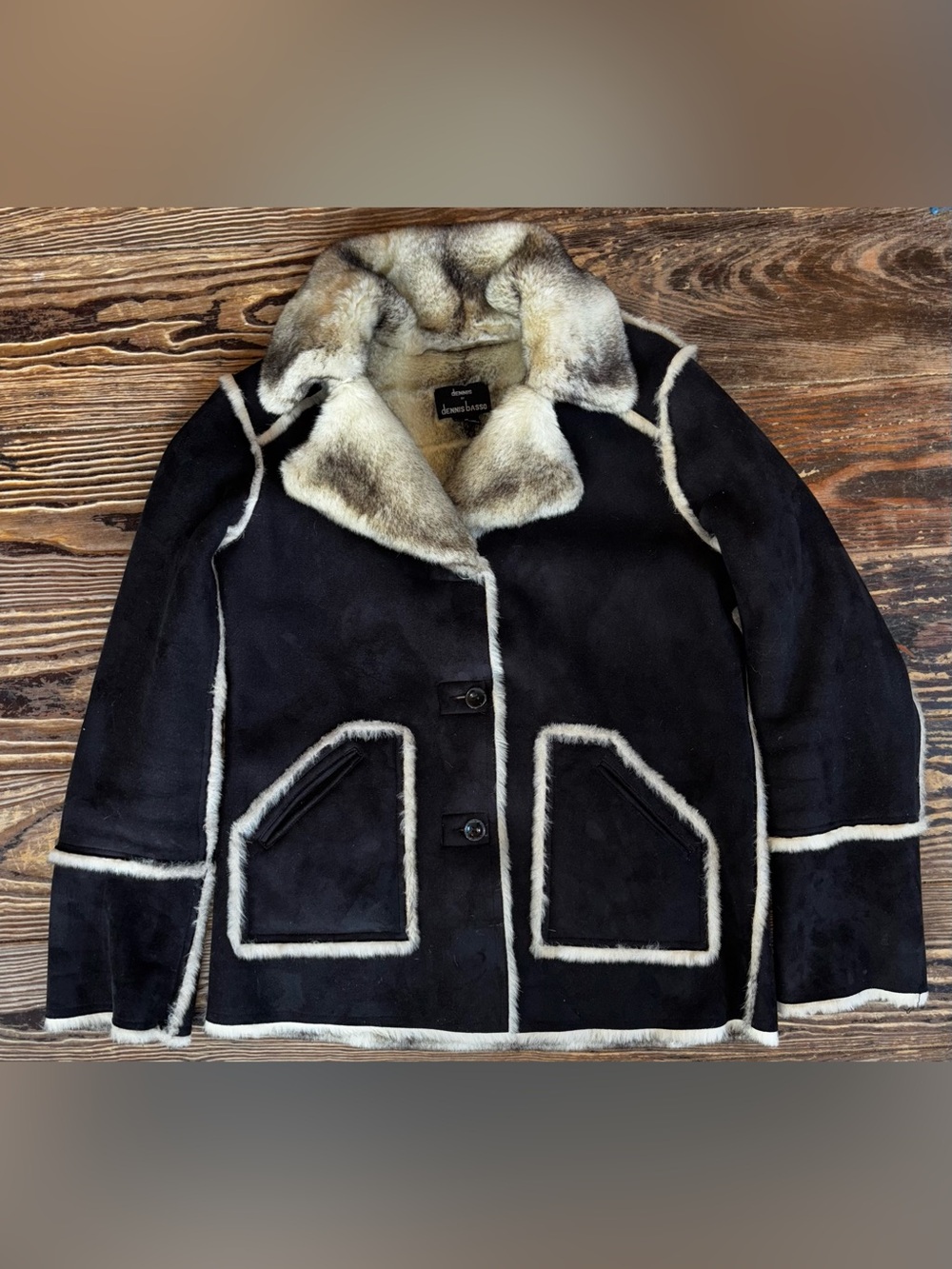Dennis by Dennis Basso Black Shearling Jacket with Cream Fur Trim